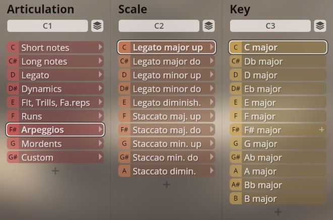 Screenshot of the Studio Woodwinds software interface showing options for Articulation, Scale, and Key, with Arpeggios selected under Articulation, Legato major up under Scale, and C major under Key.