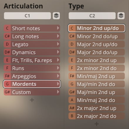 Studio Woodwinds software interface showing selectable articulation settings like short notes, legato, dynamics, runs, arpeggios, and mordents, alongside type variations for musical intervals.