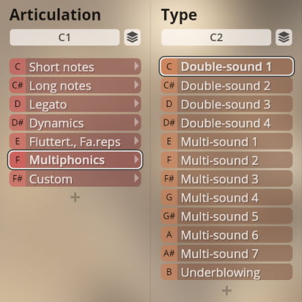 Studio Woodwinds software interface showing selectable articulations and sound types, including short notes, long notes, legato, dynamics, multiphonics, and various double and multi-sounds.