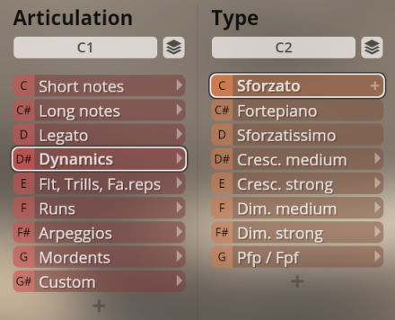 Software interface showing woodwind articulation and type selection options for Studio Woodwinds, with 'Dynamics' highlighted under Articulation and 'Sforzato' highlighted under Type.