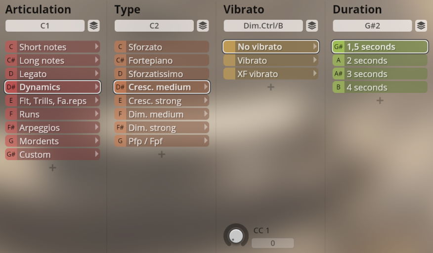 Studio Woodwinds software interface showing articulation, type, vibrato, and duration controls for music production.