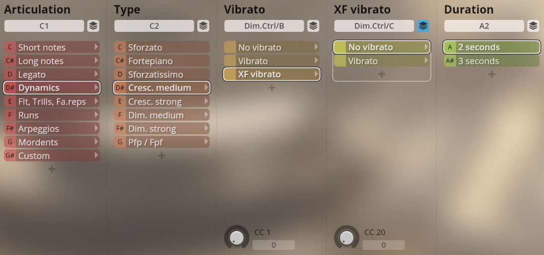 User interface displaying controls for musical articulation, type, vibrato, crossfade vibrato, and duration, including options like Dynamics, Cresc. medium, XF vibrato, and 2 seconds.