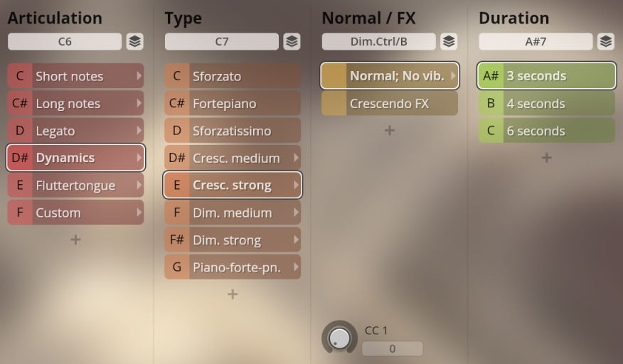 Studio Woodwinds software interface showing selectable options for articulation, type, normal/FX, and duration of musical notes, including dynamics, short notes, fortepiano, crescendo, and 3-second durations.