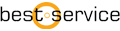 Best Service company logo, black text with best service and an orange circle around the o in service