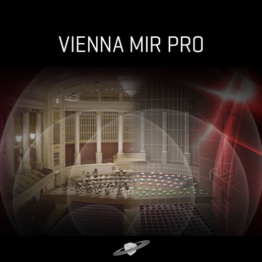Vienna MIR PRO product image showing a concert hall overlaid with a digital acoustic modeling diagram and the product logo.