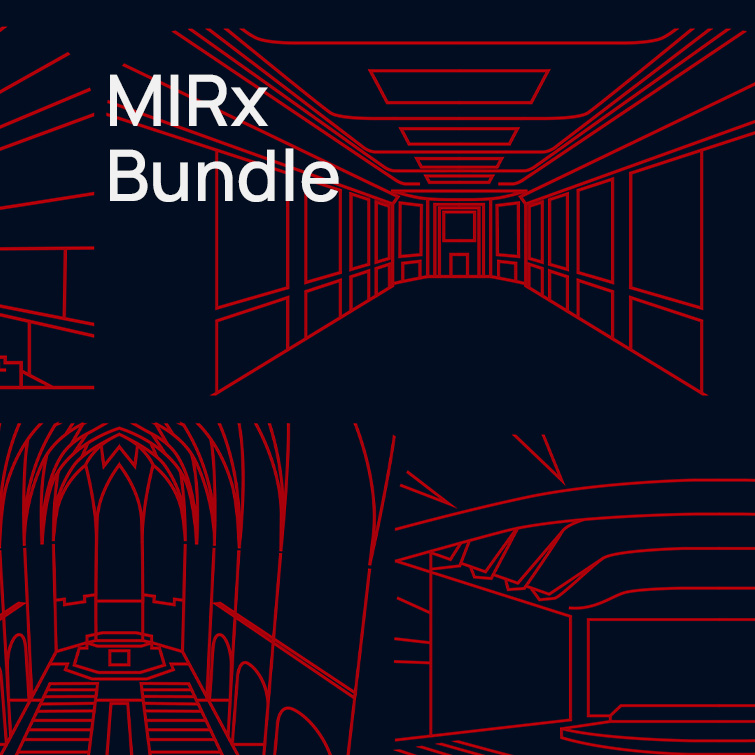 Abstract illustration of MIRx Bundle with red wireframe architectural designs on a dark blue background.