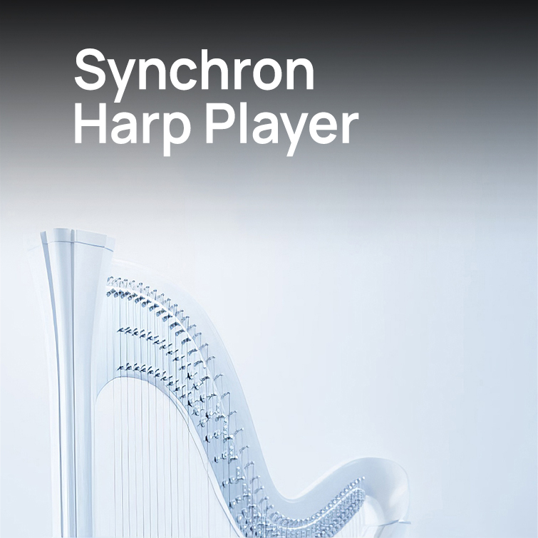 Synchron Harp Player: White harp with strings against a light background.