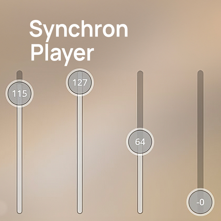 Synchron Player interface with four vertical sliders, showing values 115, 127, 64, and -0, for audio control and playback adjustment.