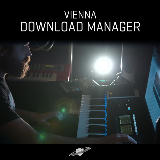 Man playing a music keyboard in a recording studio with Vienna Download Manager text above, and a VSL (Vienna Symphonic Library) logo below.