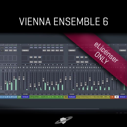Vienna Ensemble 6 software interface with virtual mixer faders, buttons, and eLicenser ONLY banner.