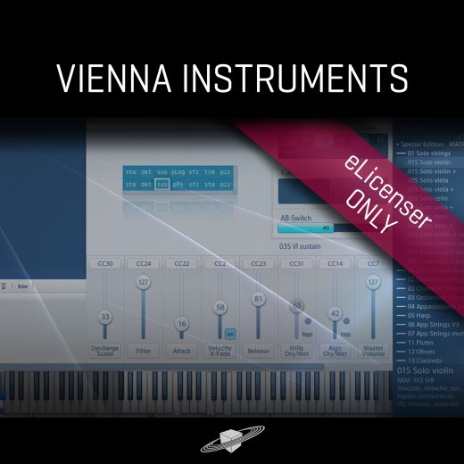 Vienna Instruments software interface with piano keyboard, sliders, and controls, indicating an eLicenser ONLY product.