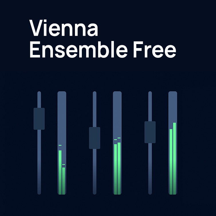 Vienna Ensemble Free mixer interface with faders and glowing green level meters.