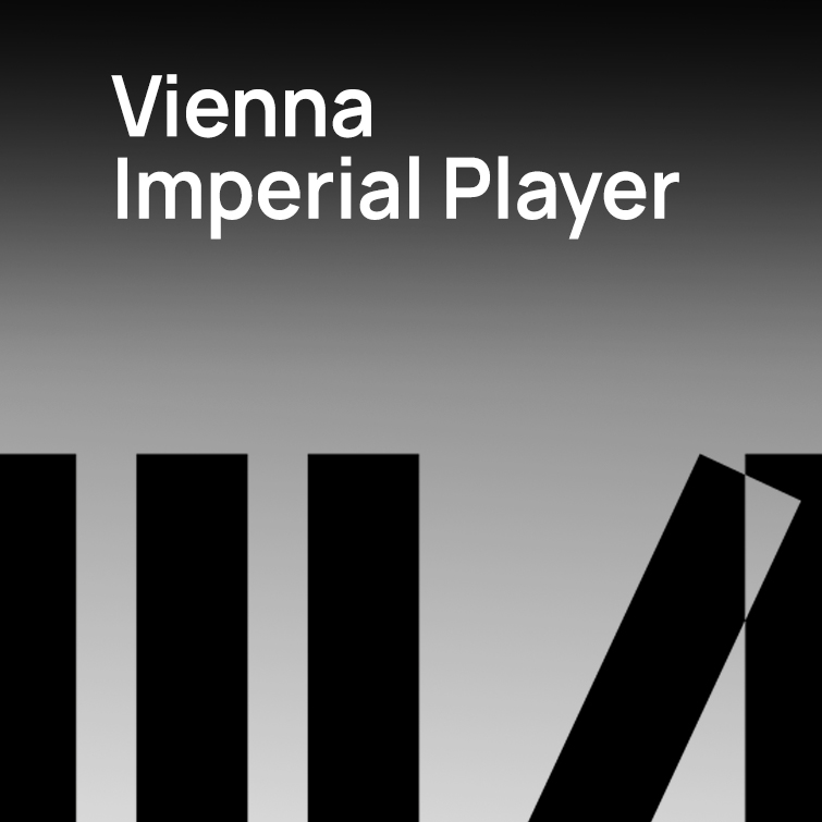 Vienna Imperial Player logo with white text on a dark to light grey gradient background, featuring black vertical bars resembling piano keys, with one key tilted.