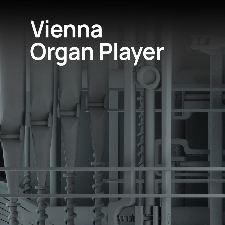 Vienna Organ Player text on a dark gray background with abstract, light gray mechanical shapes resembling organ pipes and inner workings.