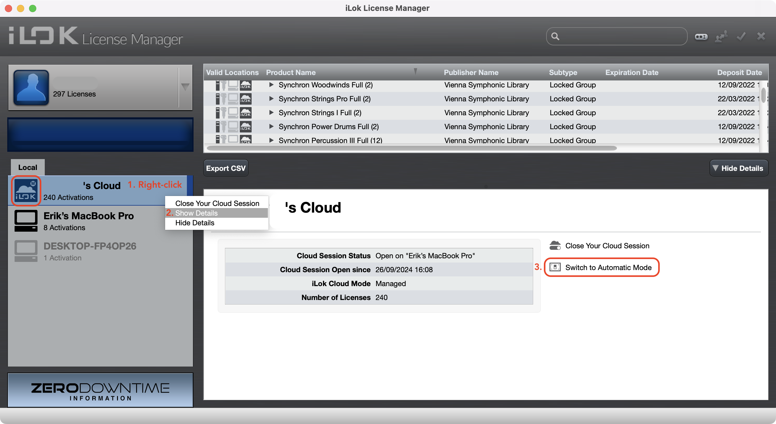 iLok License Manager software interface showing steps to enable automatic license activation, highlighting the Switch to Automatic Mode button for managing music software licenses.