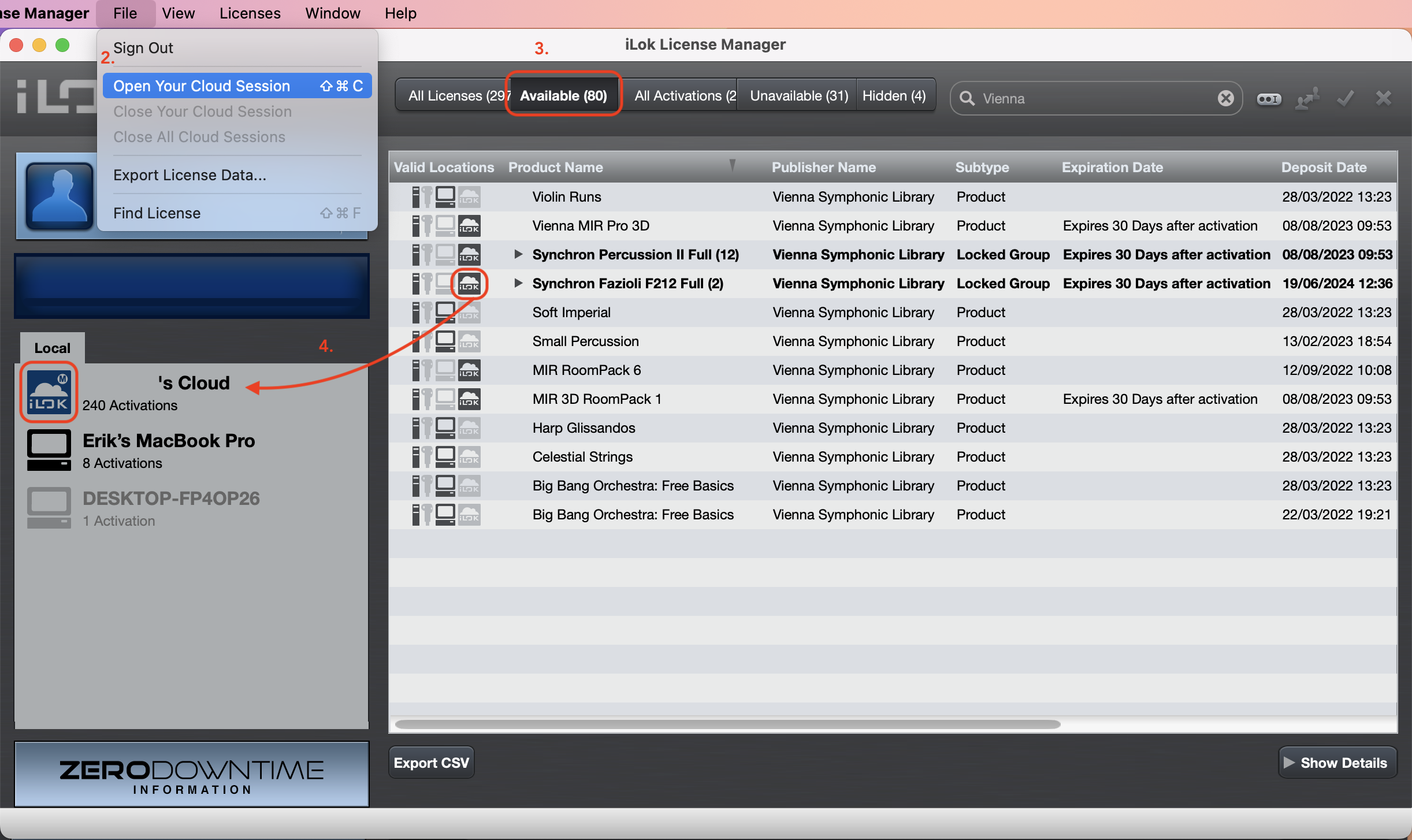 Screenshot of the iLok License Manager software interface, displaying available product licenses from Vienna Symphonic Library, including options for cloud session management and license activation.