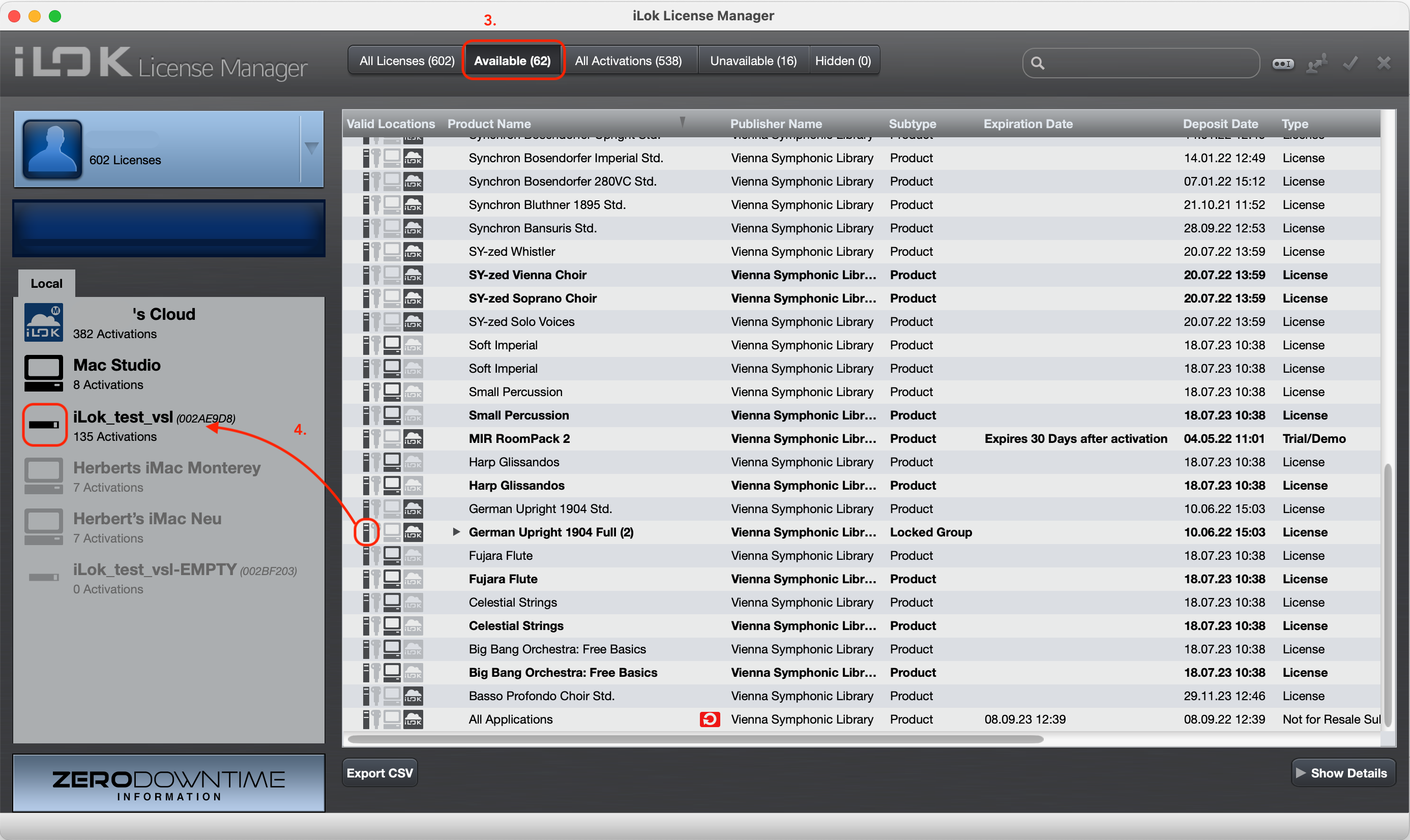 iLok License Manager showing available licenses, highlighting Vienna Symphonic Library products, and the iLok_test_vsl device with 135 activations.