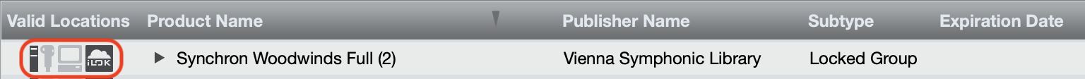 Table row showing Synchron Woodwinds Full (2) product from Vienna Symphonic Library, with icons for computer, USB dongle, and cloud, under Valid Locations indicating license activation options. Subtype is Locked Group.