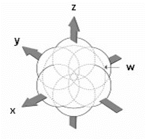 Diagram illustrating spatial audio distribution, likely showing signal dispersion or sound wave propagation in 3D (x, y, z axes) with variable width (w) for Vienna MIR Pro mixing and spatialization software.