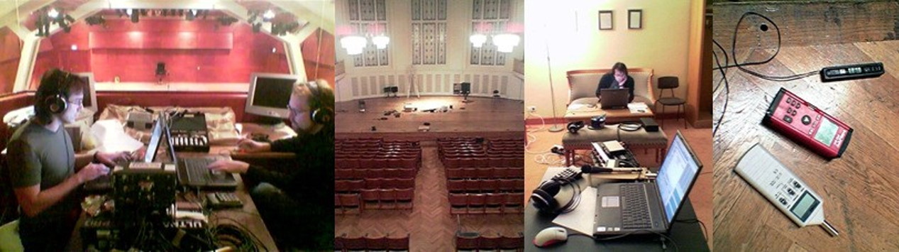 Four panels illustrating Vienna MIR Pro: A control room with two engineers on laptops wearing headphones; an empty concert hall set up for recording; a person working on a laptop in a casual setting with audio equipment; and close-up of sound recording devices on a wooden floor.