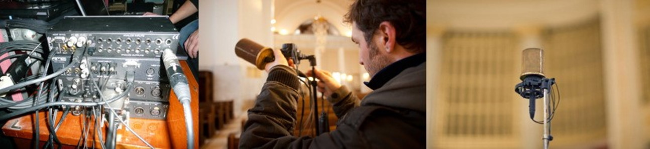 Audio engineering equipment for MIR Pro, including an audio interface with cables, a sound engineer making acoustic measurements, and a studio microphone.