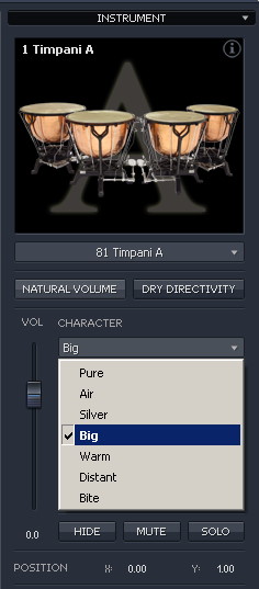 Overhead view of a virtual concert hall showing MIRx Mode instrument placement, with orange circles for horns and brass, and Wagner tuba and piccolo trumpet labels visible, demonstrating Vienna MIR Pro's spatial audio settings.