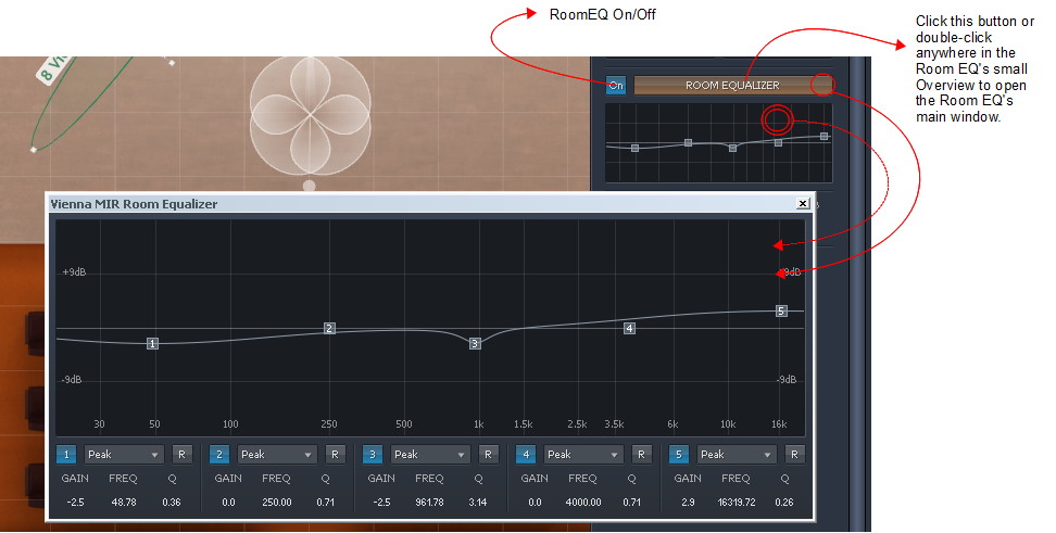 Screenshot showing the Vienna MIR Room Equalizer plugin interface with RoomEQ On/Off control and the main equalizer window displaying frequency and gain parameters.