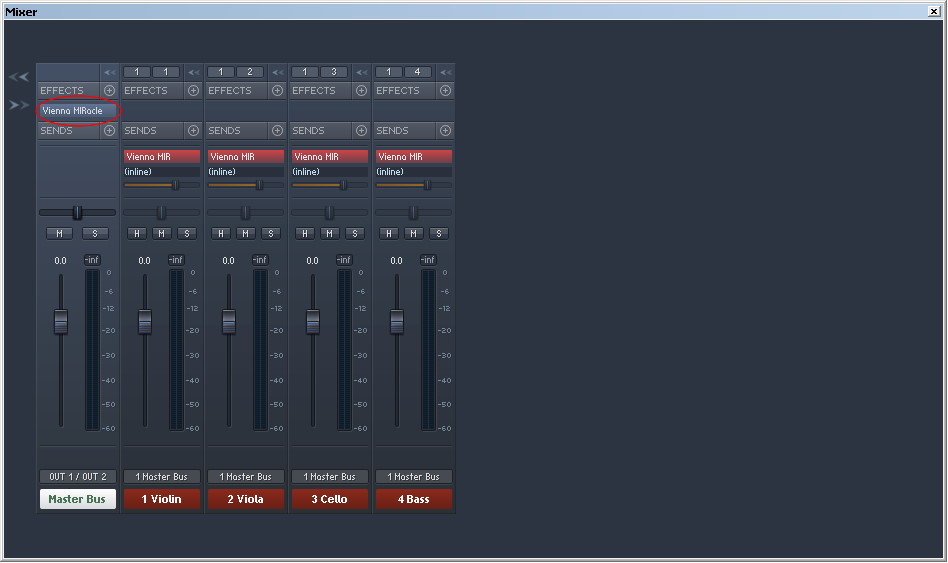 Screenshot of the Vienna Ensemble Pro (VE Pro) or MIR Pro mixer interface, featuring five channels with faders, effects, sends, and master bus, demonstrating the Vienna MIRacle addon.