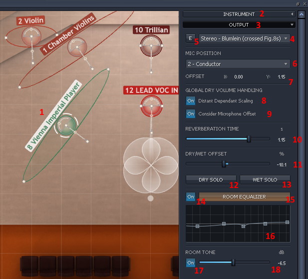 Vienna MIR Pro plugin interface showing Room Tone active setting with controls for volume and output.