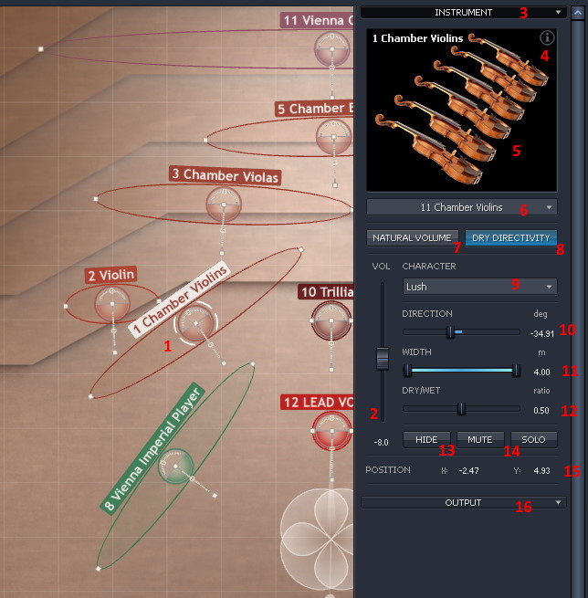 Vienna MIR Pro software interface showing instrument placement (vocals, violin, viola, cello, bass), microphone positions, and reverb settings for spatial audio mixing.