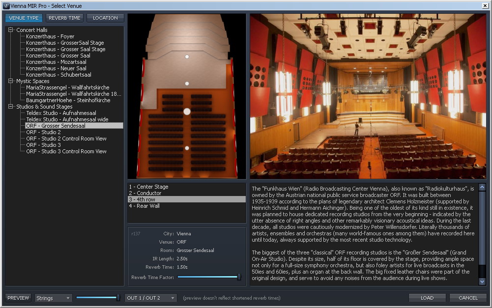 Vienna MIR Pro Select Venue interface: ORF Grosser Sendesaal studio detailed view with floor plan, a large empty hall with red acoustic panels and seating, and descriptive text about Funkhaus Wien history.