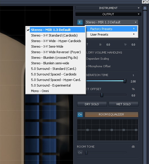 Menu showing instrument output options and various stereo and surround sound presets in MIR Pro music production software.