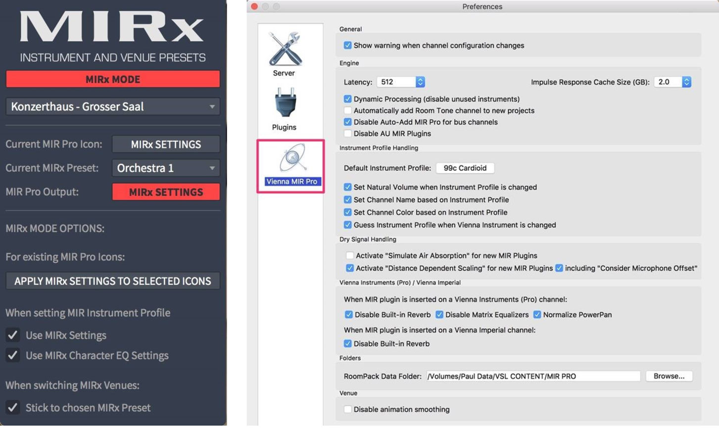 Screenshot of the Vienna MIR Pro plugin settings interface, showing sound engineering preferences like latency, instrument profile handling, and various MIRx mode options, with the Vienna MIR Pro icon highlighted.