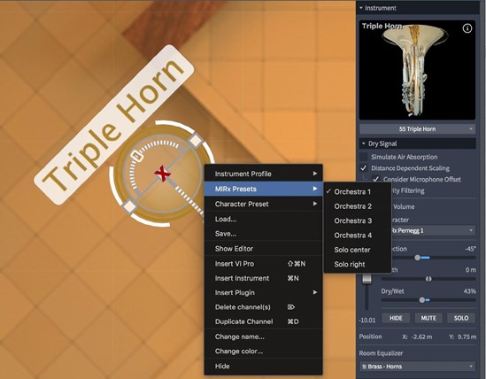 Screenshot of Vienna MIR Pro software demonstrating the MIRx Mode feature with Triple Horn instrument, showing a dropdown menu open to MIRx Presets and options for different orchestral and solo positions.
