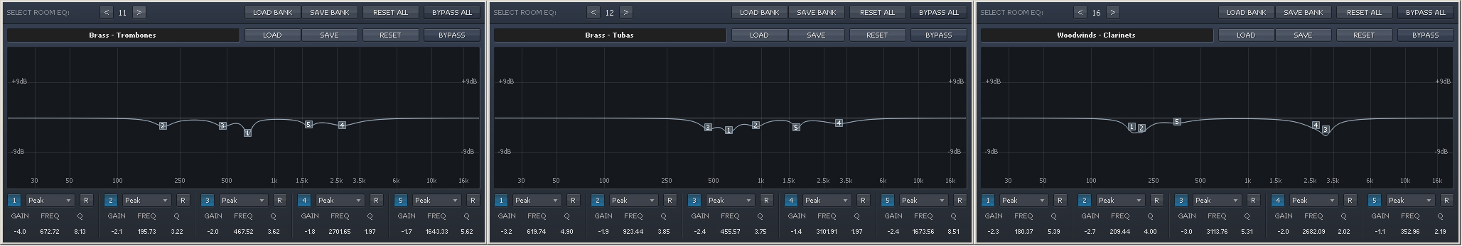 Vienna MIR Pro MIRx Mode interface displaying three distinct equalizer presets: Brass - Trombones, Brass - Tubas, and Woodwinds - Clarinets, with individual frequency response curves and adjustable gain and Q factors for precise audio shaping.