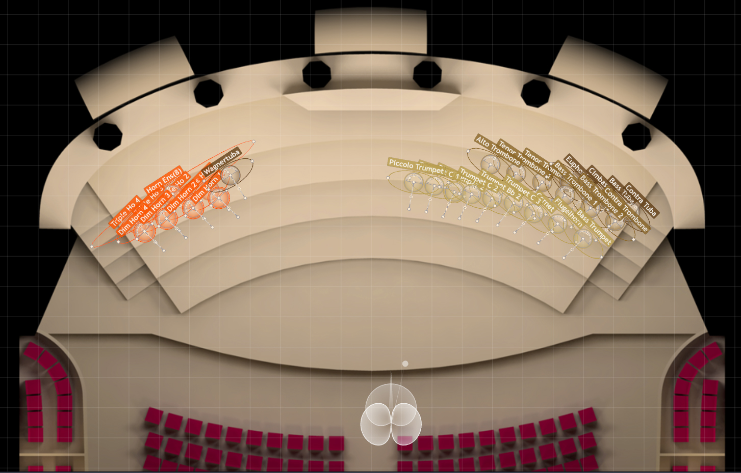 Overhead view of a virtual concert hall showing MIRx Mode instrument placement, with orange circles for horns and brass, and Wagner tuba and piccolo trumpet labels visible, demonstrating Vienna MIR Pro's spatial audio settings.