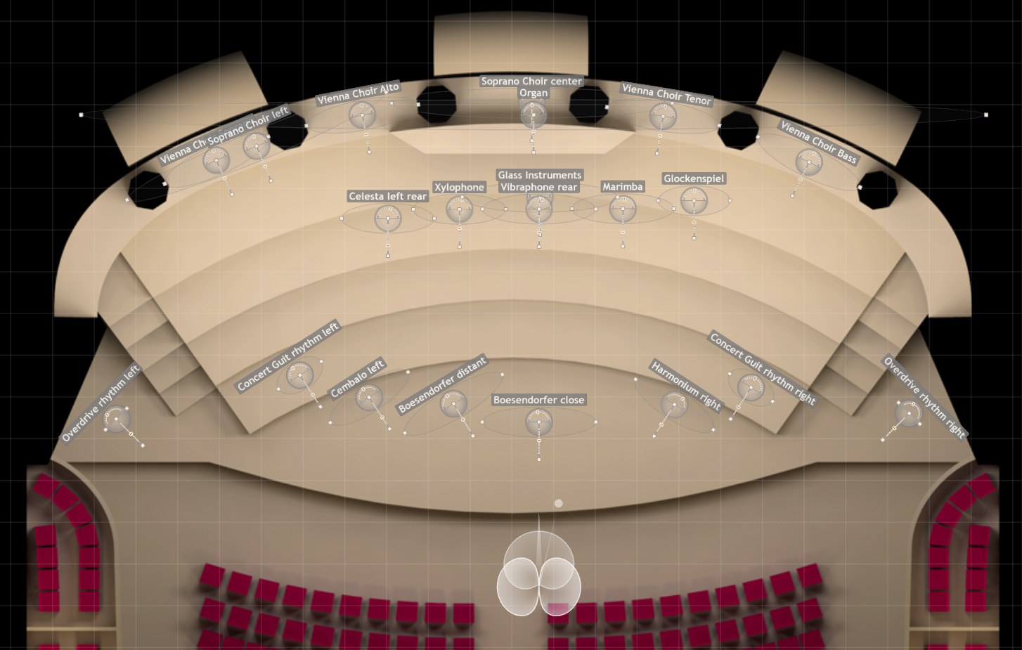 Overhead view of a Vienna MIR Pro concert hall stage layout in MIRx mode, showing instrument and choir placements including Vienna Choirs, Orchestra, Glass Instruments, and other sound sources for detailed acoustic mixing.
