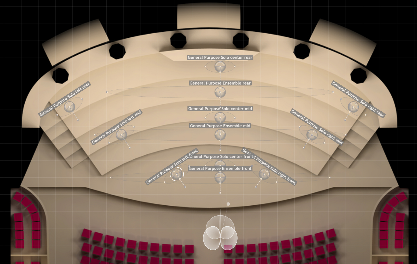 MIRx Mode interface showing various microphone positions labeled General Purpose Solo and General Purpose Ensemble for front, mid, and rear, optimized for Vienna MIR Pro.