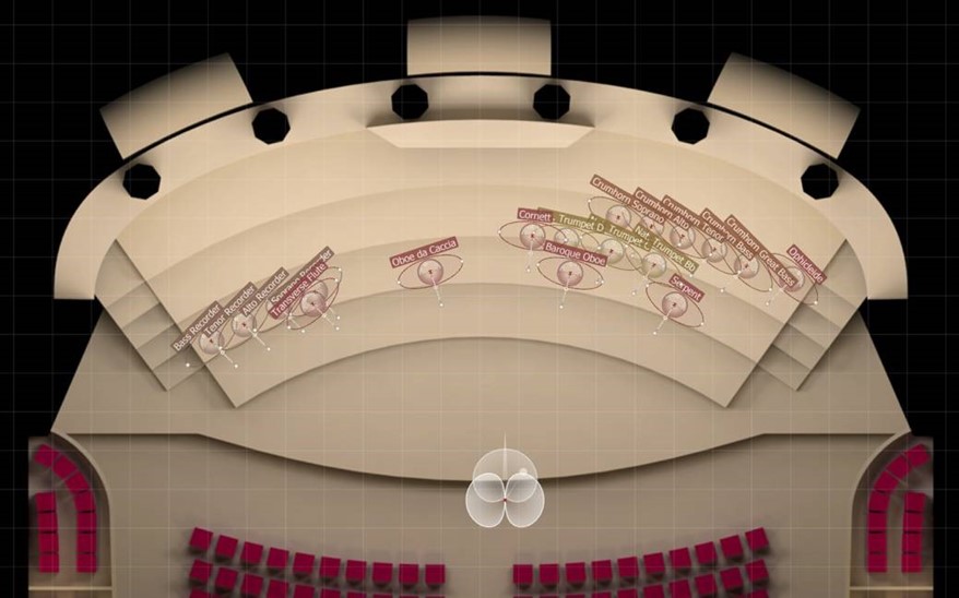 Vienna MIR Pro MIRx Mode orchestral seating chart for woodwind and brass instruments, showing instrument placement and sound propagation patterns within a virtual venue.