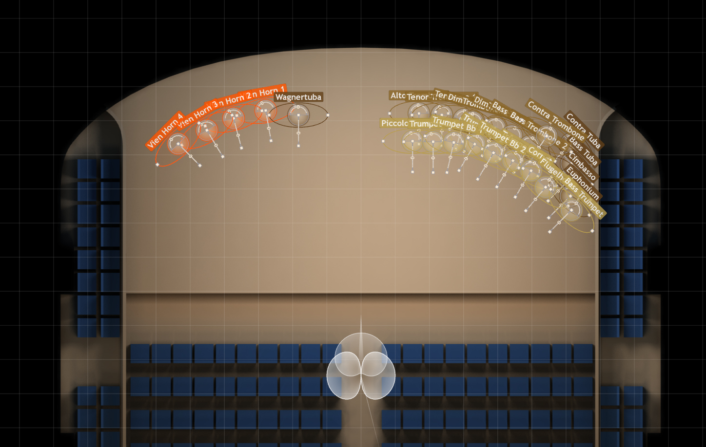Overhead view of a concert hall stage layout in Vienna MIR Pro, showing instrument placement for MIRx Mode including horns, trumpets, trombones, tuba, and Wagner Tuba, with seating visible in the foreground.