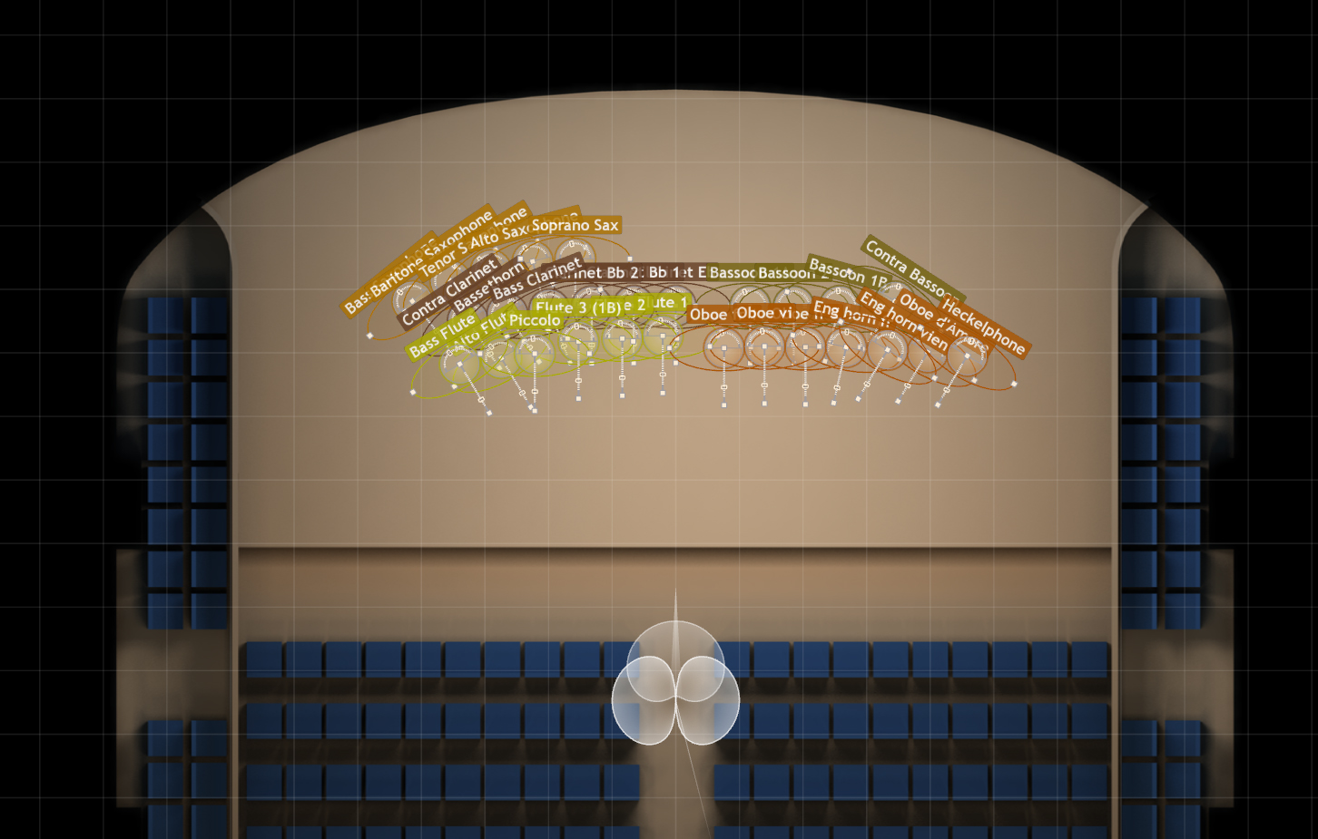 Overhead view of a virtual concert hall stage with labeled instrument positions for MIRx Mode in Vienna MIR Pro, showing woodwind and saxophone sections in an orchestral seating arrangement.