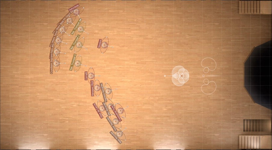 Top-down view of Vienna MIR Pro's MIRx Mode, showing virtual instrument placements like crumhorns, trumpets, oboes, and recorders on a wood floor surface with an acoustic diagram in the upper right.