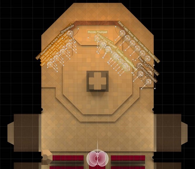 Overhead view of a virtual orchestra setup in Vienna MIR Pro's MIRx Mode, showing labeled brass and wind instrument sections positioned within a hall-like venue diagram.