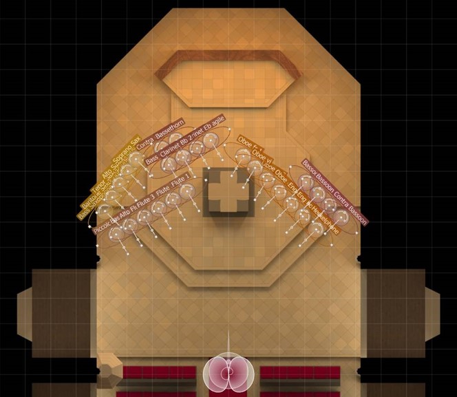MIRx Mode default instrument placement and microphone positions within Vienna MIR Pro showing woodwind and saxophone sections in a virtual venue.
