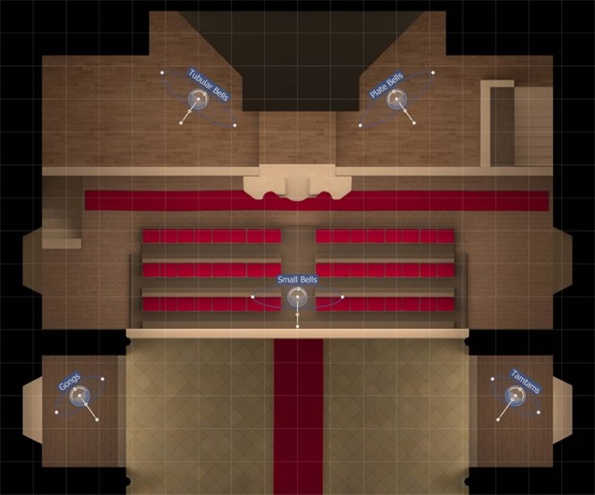 MIRx Mode example showing instrument placement in Vienna MIR Pro: Tubular Bells, Plate Bells, Small Bells, Gongs, and Tamtams in a venue layout.