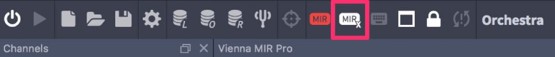 Screenshot of the Vienna MIR Pro interface showing a row of grey and red icons including a highlighted MIRx button, indicating a function layer for prefabricated settings.