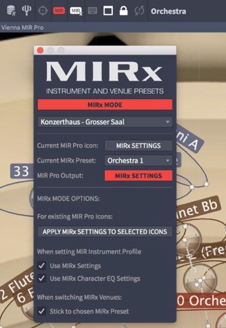 MIRx Mode settings window in Vienna MIR Pro software, displaying options for instrument and venue presets, including Konzerthaus - Grosser Saal and Orchestra 1 presets, with checkboxes for applying MIRx settings and character EQ.