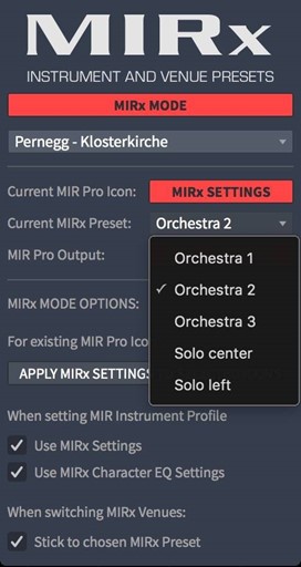 Vienna MIRx Mode settings interface showing Orchestra 2 selected in the preset dropdown menu.