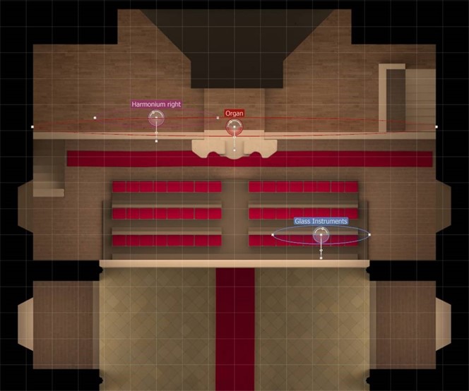 Top-down view of a virtual concert hall layout in Vienna MIR Pro's MIRx Mode, showing instrument placement markers for Organ, Harmonium right, and Glass Instruments for realistic acoustic simulation.