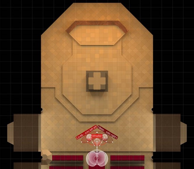 Overhead view of a virtual concert hall or venue within Vienna MIR Pro showing the MIRx Mode function layer with instrument and microphone positions labeled Whistlers, Col.Alt - solo left, and EBass - solo right, demonstrating sound stage setup.